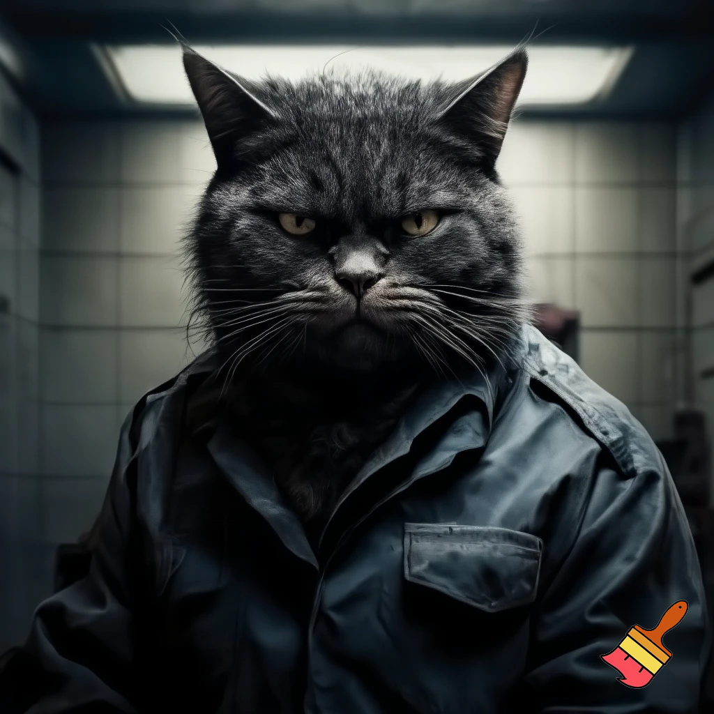 evil, sinister, strong, cat in a police mugshot staring with dim lights jail suit