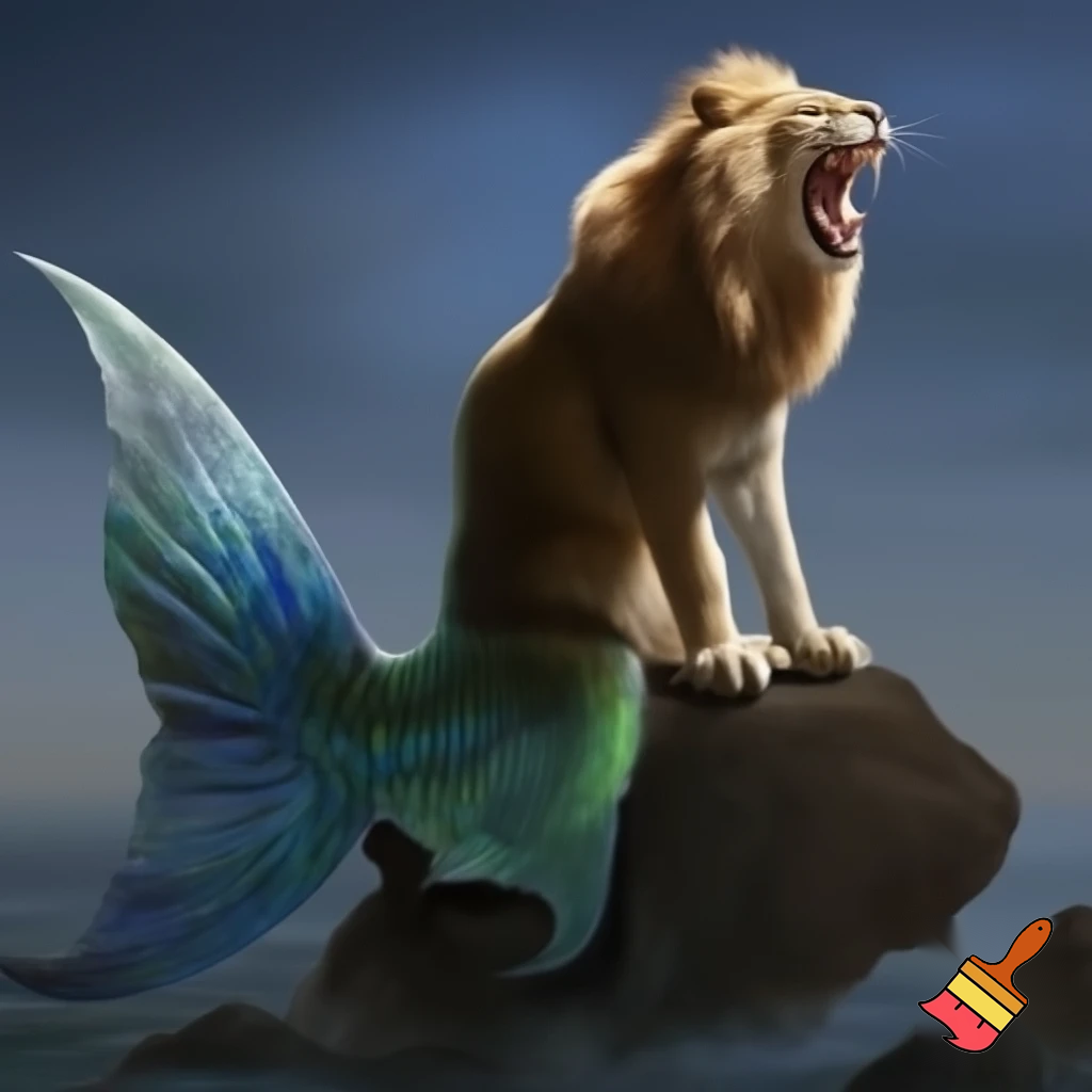A cat with lions teeth and mermaids tail