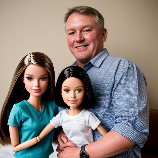 make a family photo of 3 with a 3 year old barbie and a 15 year old ken with there dad let me hug ken