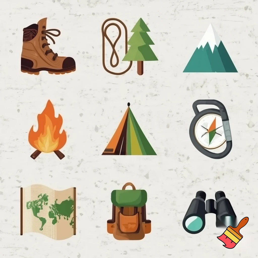 single icons of nature exploration in cartoon style : climbing shoe, cord, fir tree, mountain, campfire, tent, carabiner, compass, backpack, world map, hiking shoe, binoculars