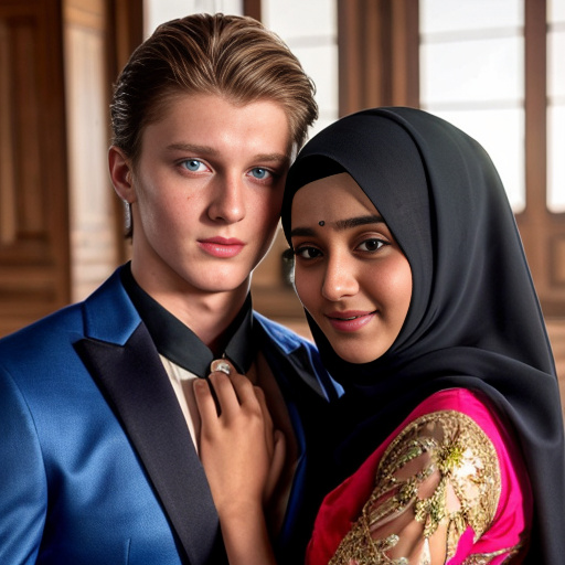 A russian handsome boy with pale skin blonde hair and blue eyes, wearing a suit,tall 188 cm staning with a Bangladeshi girl with warm skin dark eyes, wearing a red wedding full cover lehenga with hijab, 168 cm tall,  wefding scene