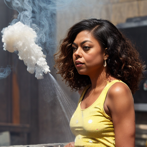Taraji P. Henson as an FBI one beige fur jacket and yellow beige tank top red and yellow dots and blue jeans with long curly thick hair 20th Century Fox spray sprinkling water TNT stone smoker *punch*
