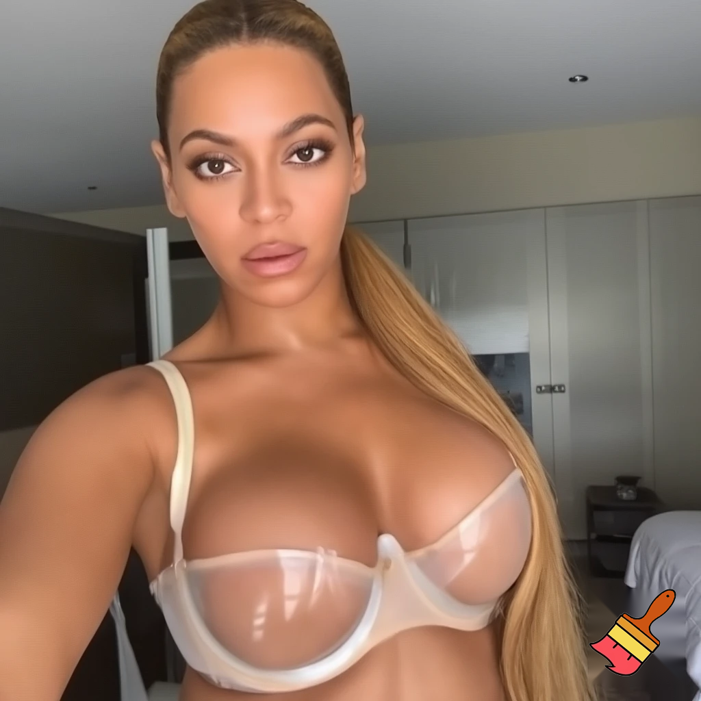 Beyonce with honey blonde slick ponytail wearing a nipples transparent bra selfie in her room
