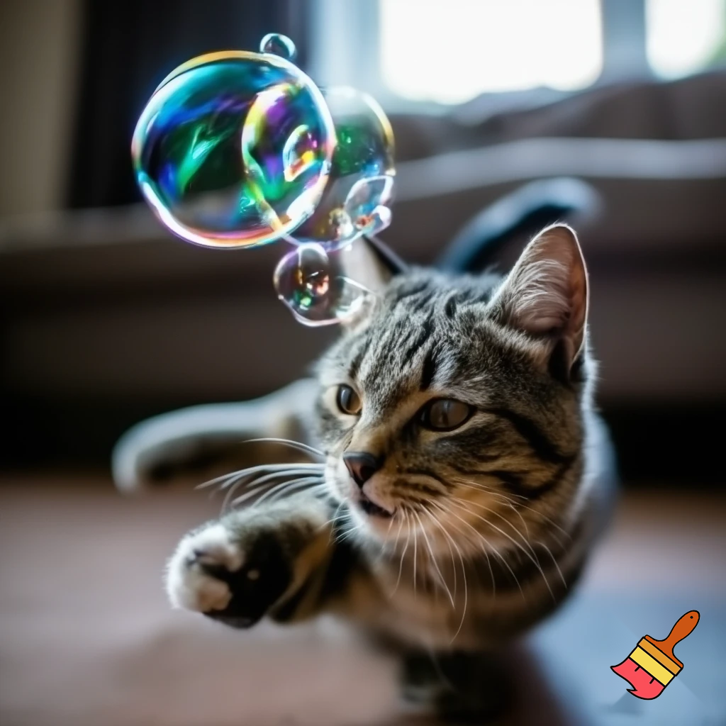 a cat play with bubbles