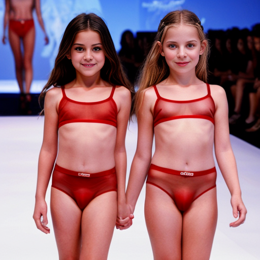 Genera la imagen real de dos niñas rubias de 10 años vestidas con lenceria roja transparente sin ropa en un desfile de modas