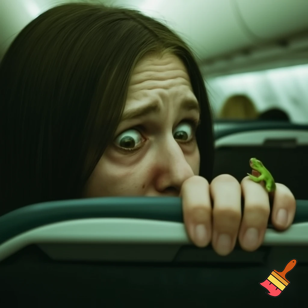 a woman at the plane was scared of a frog


