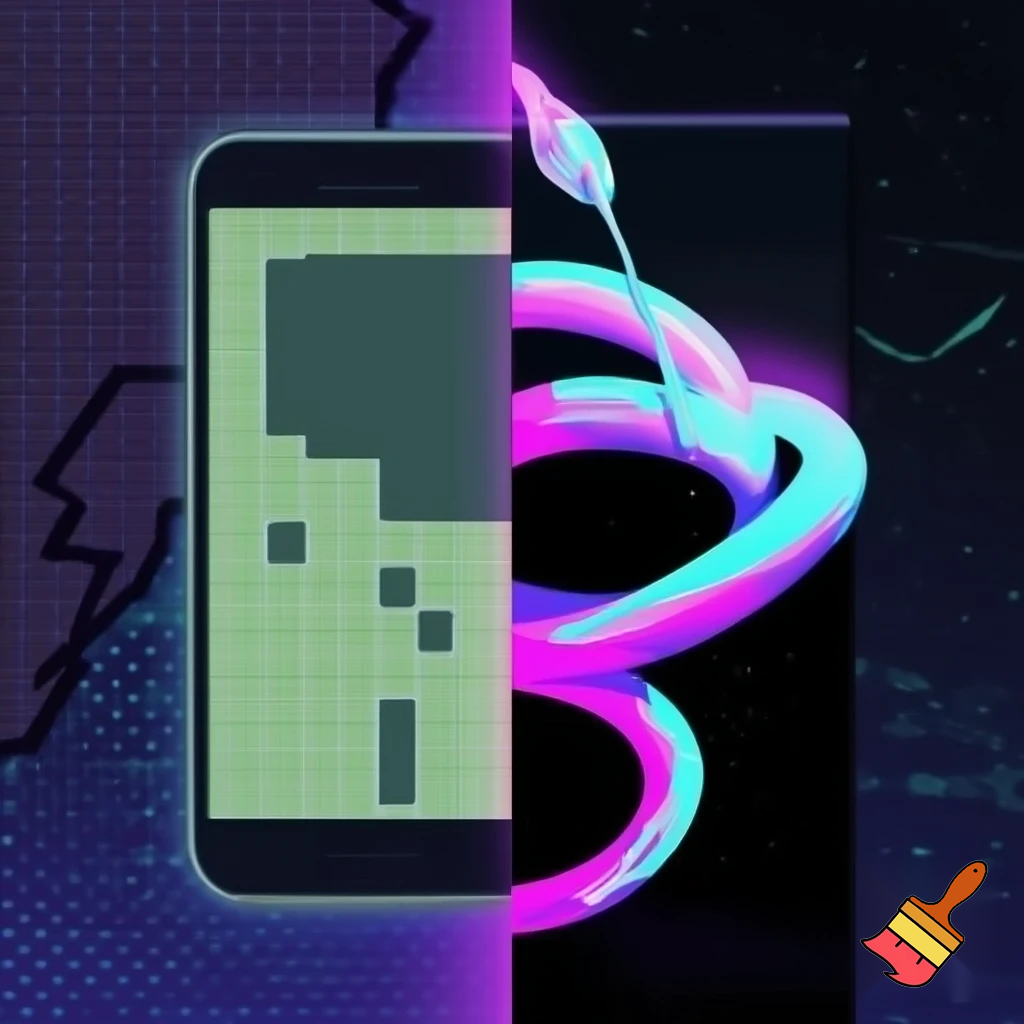 split-scene composition showing a transition from an old pixel-art Snake game on a vintage phone to a futuristic glowing AI snake wrapping around a real display board, cyberpunk style, vaporwave neon glow, nostalgic yet futuristic tone, 1:1, no text