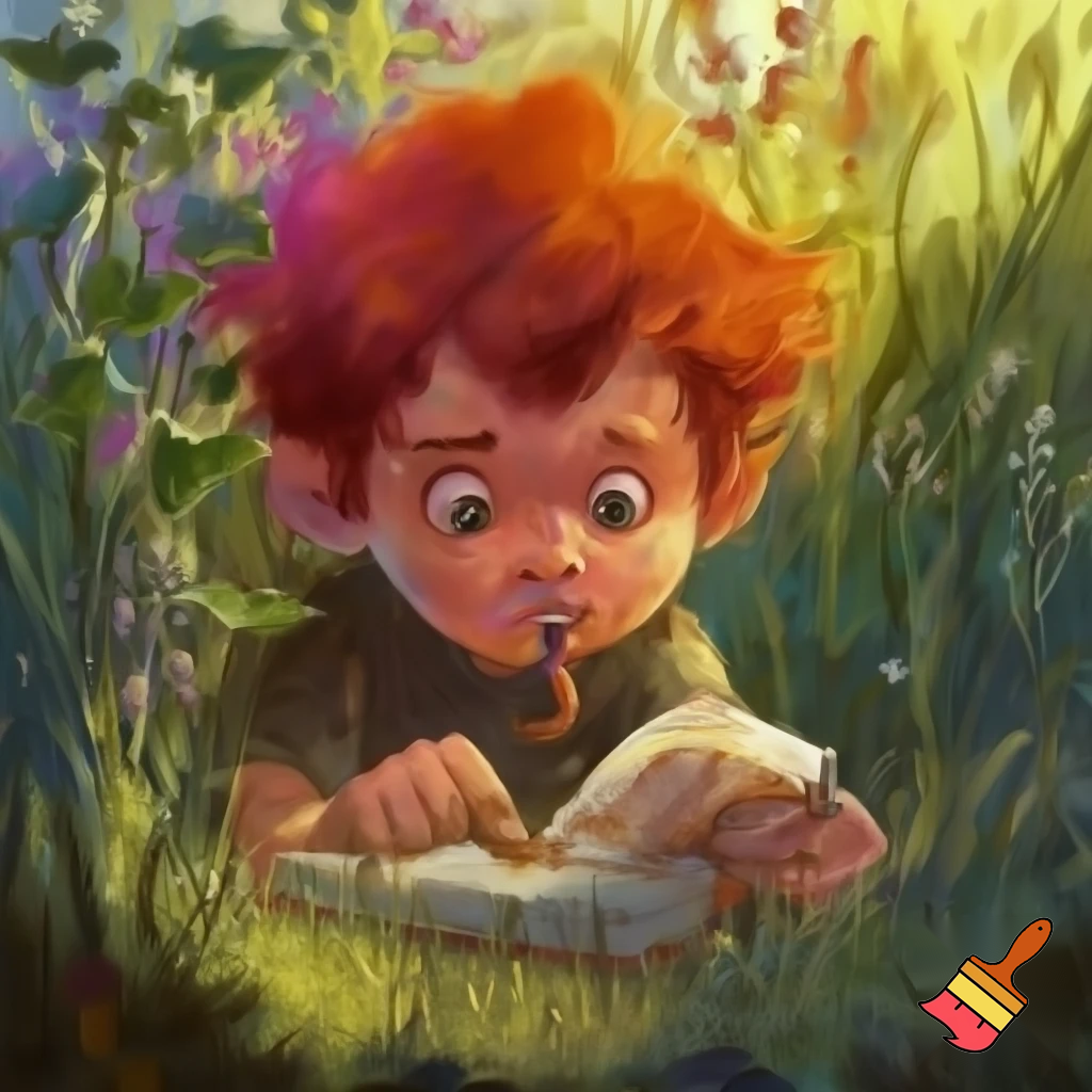 Red head 11 year old eating worms while reading a book upsidedown