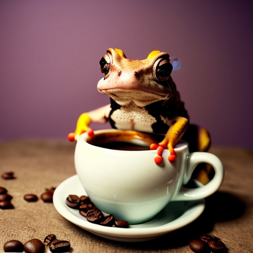 A hillarious, funny boho toad with some hippie colored coffee cups. Psychedelic decorated background.