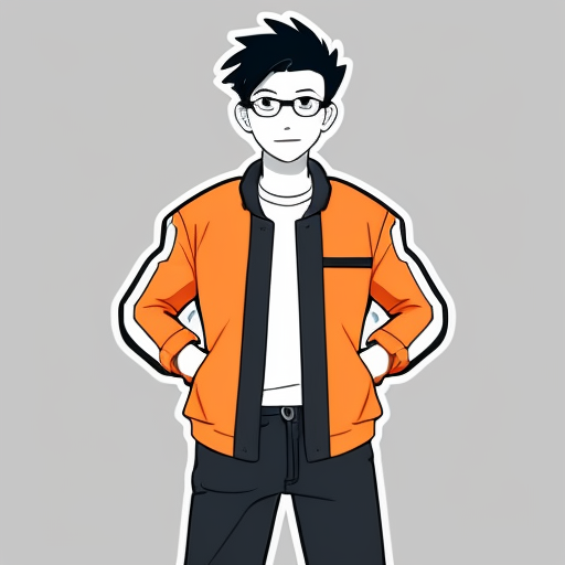 anime pokemon trainer 14 year old boy wearing grey strapped red neon tech flat goggle glasses on top of head white and orange jacket white gloves black shirt grey jeans