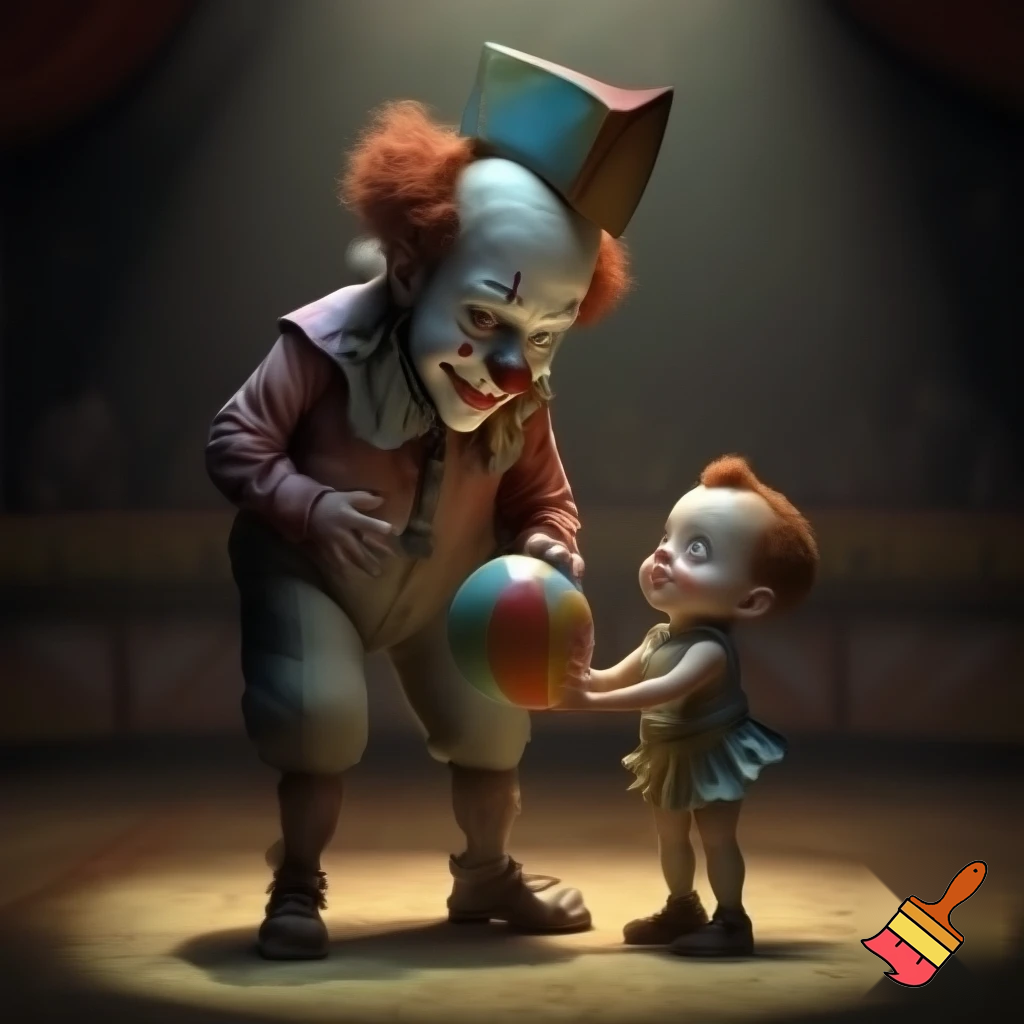 I want a picture of a circus clown with his face clearly visible, showing all the details. He should be looking sad, wearing a circus hat, and standing. In front of him is a child giving him a small circus ball, and the child is happy. The child looks at the clown's face.The clown and the child should be depicted with all the details of their bodies, including their hands and feet. I want it to be realistic, not a cartoon 