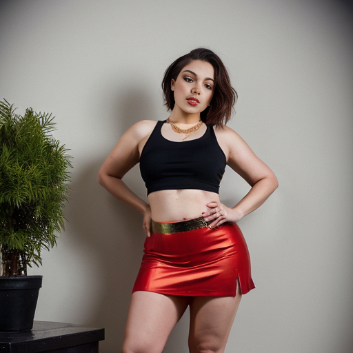 
Scene: A minimalist urban setting with potted plants.
Mood: Provocative and confident.
Expression: Dressed in a red sleeveless deep crop top and long red slit skirt, showcasing her thick thigh with a gold waist chain, the woman poses with one leg raised. She looks directly at the camera with a bold, self-assured gaze. Normal fit curvy girl 