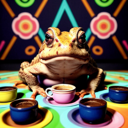 A hillarious, funny boho toad with some hippie colored coffee cups. Psychedelic decorated background, hyperrealistic.