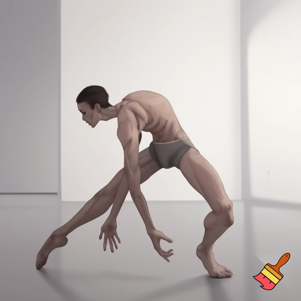 emaciated young man doing ballet in a brightly lit room 