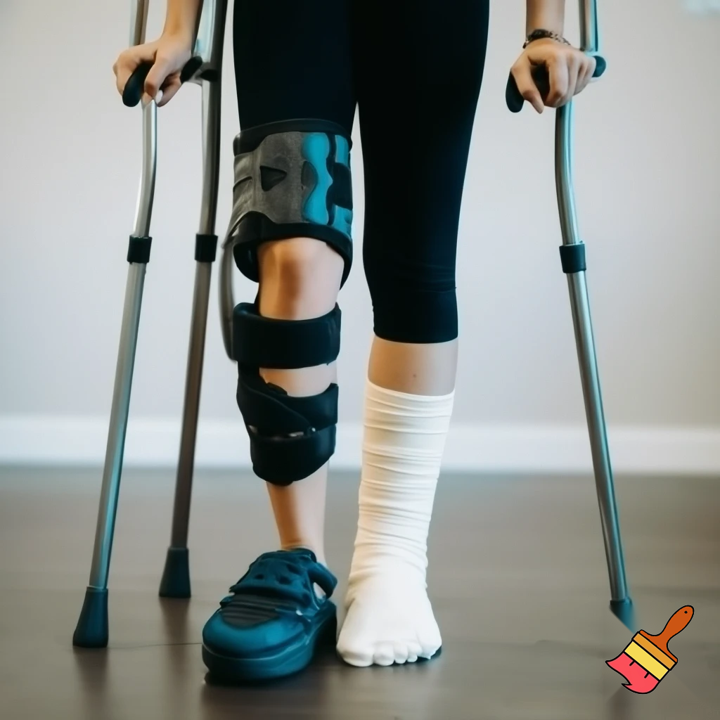 Young woman toe surgery post op shoe on her left foot and on her left knee is a ACL knee brace and her right leg locked in a long leg cast she stands up with crutches 