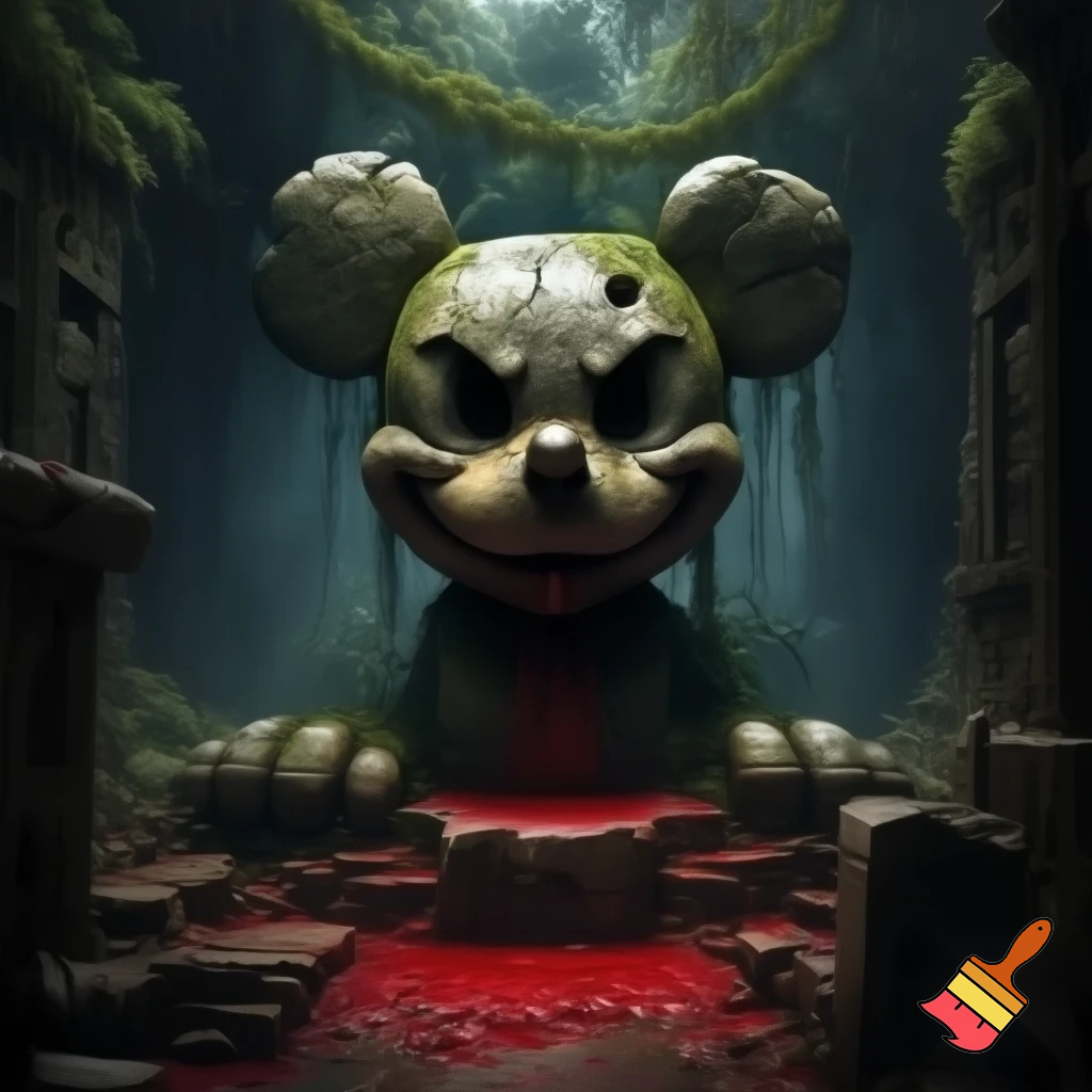 Ancient stone idol of Mickey Mouse with blood sacrifice