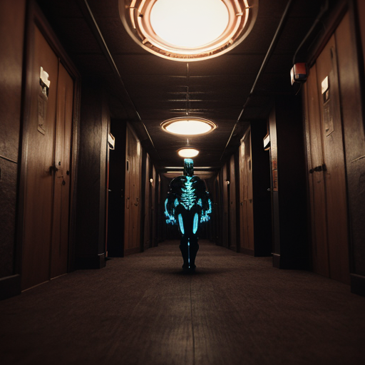 A terrifying, multi-armed supernatural entity with a skeletal, cross-marked forehead, draped in tattered, swirling dark robes, levitating in the center of the frame.
Setting: A retro-futuristic, claustrophobic corridor with wood-paneled walls and glowing circular light fixtures, integrated with vintage 1970s audio reel-to-reel tape recorders and computer consoles.
Atmosphere & Lighting: Dim, moody, cinematic lighting, intense orange and teal color grading, volumetric haze, deep shadows, dark ambient aesthetic.
Technical/Style: Photorealistic, 35mm film still, grainy texture, high dynamic range, sharp focus on the entity, shallow depth of field, captured on a vintage camera, 8k resolution, highly detailed textures