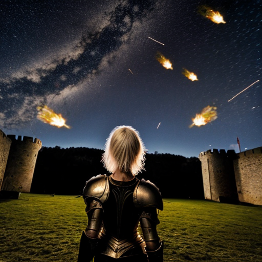 young tall white-haired woman in armor watches as meteors fall on the castle