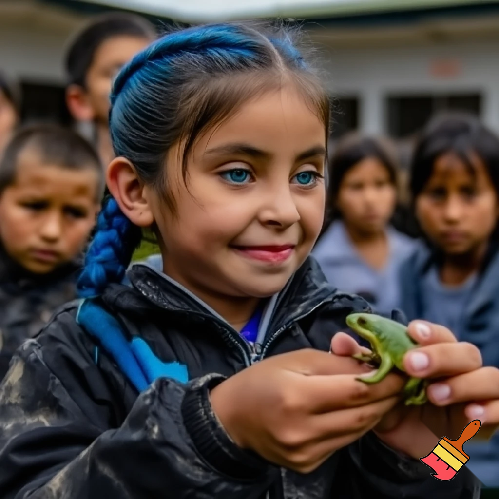 girl with blue braid and has a black jacket with blue eyes
with smile holding a frog all the people was scared of a frog the girl got bulliyed with boys and girls