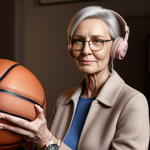 génère moi une femme de 60 ans qui a un brushing cheveux soignés , des écouteurs , elle tient un télephone ,elle porte une paire de basket colorés  , un long manteau beige , un chemisier a fleur rose clair , un jean baggy bleu , une paire de lunettes fines , a son poignet elle porte une montre  , elle porte des bijoux 