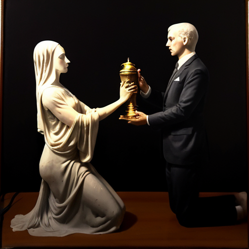 painting. Focus on goddess Desirea, her body covered only by transparent silk veils and thin silver chains. She is leaning forward, offering a glowing ornate chalice. In the foreground, a mature businessman in a sharp dark suit is kneeling, his arms outstretched in desperate supplication to receive the potion. Dramatic contrast between ancient divinity and modern man, ethereal lighting, soft glowing crescent moon, masterpiece, 8k."