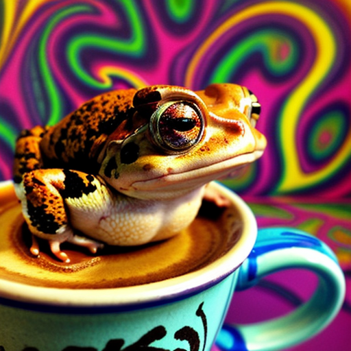 A hillarious, funny boho toad with some hippie colored coffee cups. Psychedelic decorated background, hyperrealistic. Close-up view.