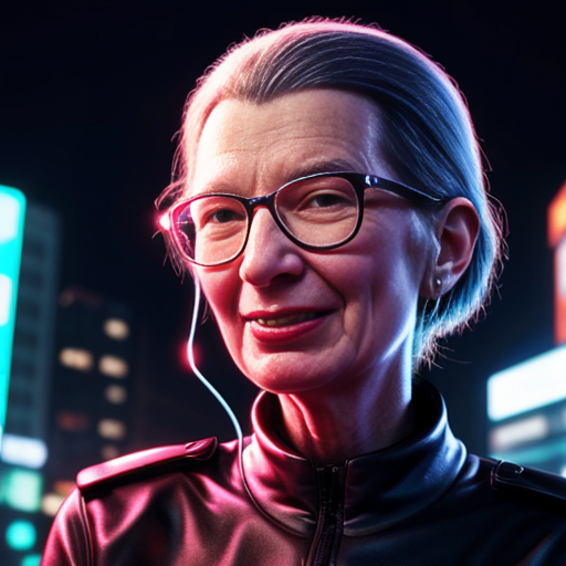 grace hopper with wires coming out of her head, in futuristic city, neon lights
