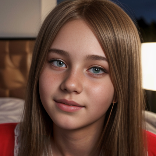 finnish teen girl at night dress, very beautiful and eager, long brunette hair, on the bedroom, brown eyes, close up
