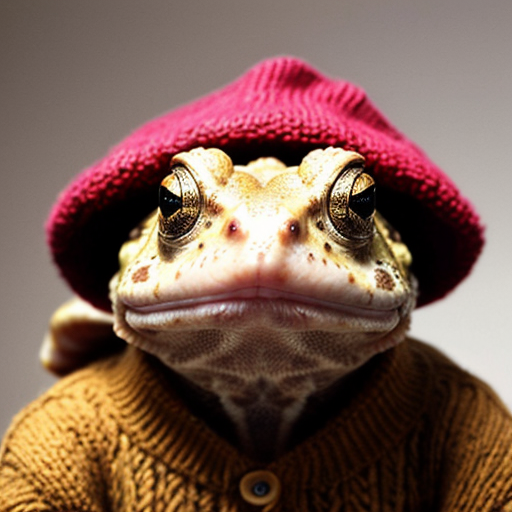 A laughable, puzzled animal toad in woolen, multicoloured winter clothings and with woolen winter cap. Hyperrealistic style.