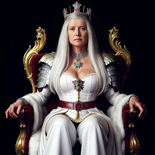 Tall, white-haired Queen of Poland in armor sitting on a throne