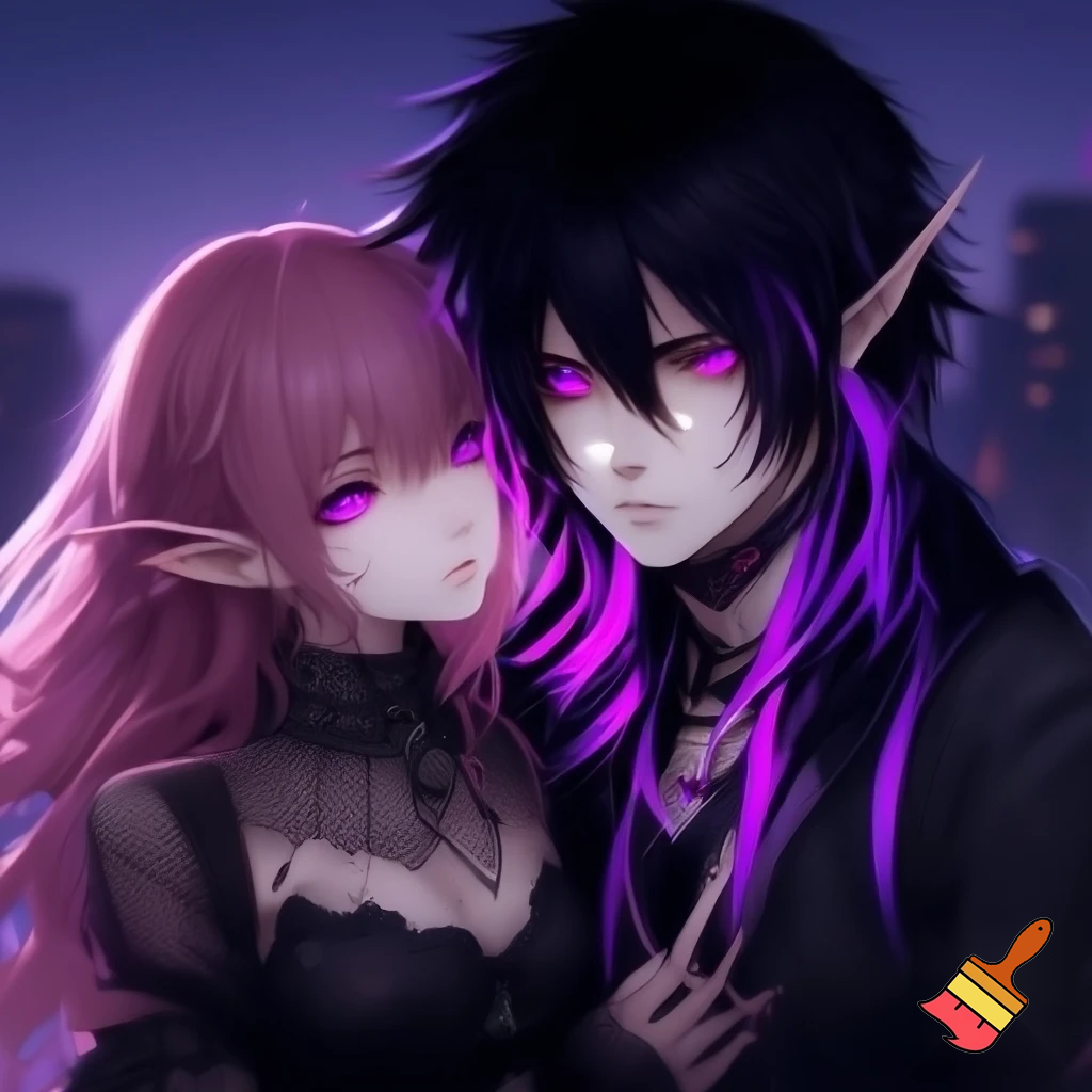 Anime boy, emo, black and purple streaks in hair, elf ears, glowing purple eyes, with a anime girl with pink long hair and goth outfit 