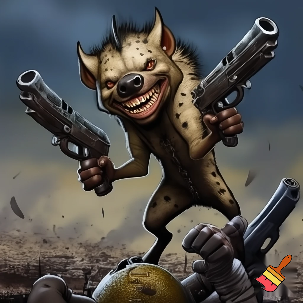 Evil sadistic laughing hyena holding 2 big guns in each hand laughing uncontrollably with his foot on the head of a fallen enemy. Very detailed,realistic also cartoonish very bold outline and humourous and serious 