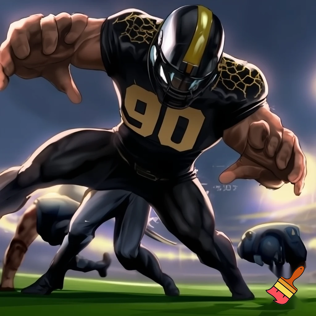 "Liniero defensivo llamado El Tanque Zamora, jugador de los Toros Negros. Uniforme negro con detalles dorados, número 90. Físico enorme y poderoso. Casco negro con franja dorada. Escena de acción empujando a dos linieros a la vez, postura agresiva, respirando fuerte como toro, ambiente intenso de juego."
