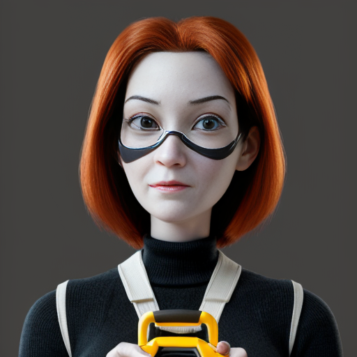 Photo of a pphotorealistic woman, lookalike of Edna from the Incredibles, very attractive facial features, very young looking for her age, 45 yo. The woman is wearing a broken Jason mask (covering only 3/4 of the face, with the top left quarter being uncovered, her deep brown eye visible. Is wearing a very modern elegant b&w outfit, holding chainsaw in hand.