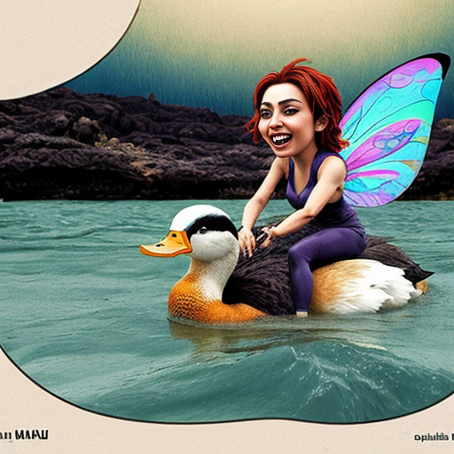 egy manó egy kacsa hátán lezuhan a tengerbe, és egy fekete hajú tündér és a vörös hajú tündér megölik egymást. Szürreális, túlzó arányok, humoros, kaotikus képregény-hatás, élénk színek, dinamikus vizuális részletek.”