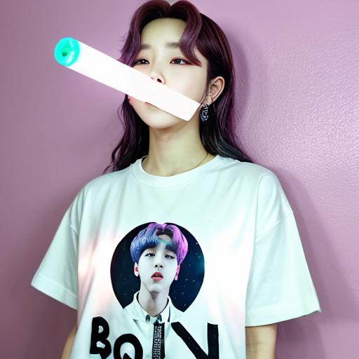 an girl hoding a bts bangtan bomb 
lightstick and has Neni written on her shirt
