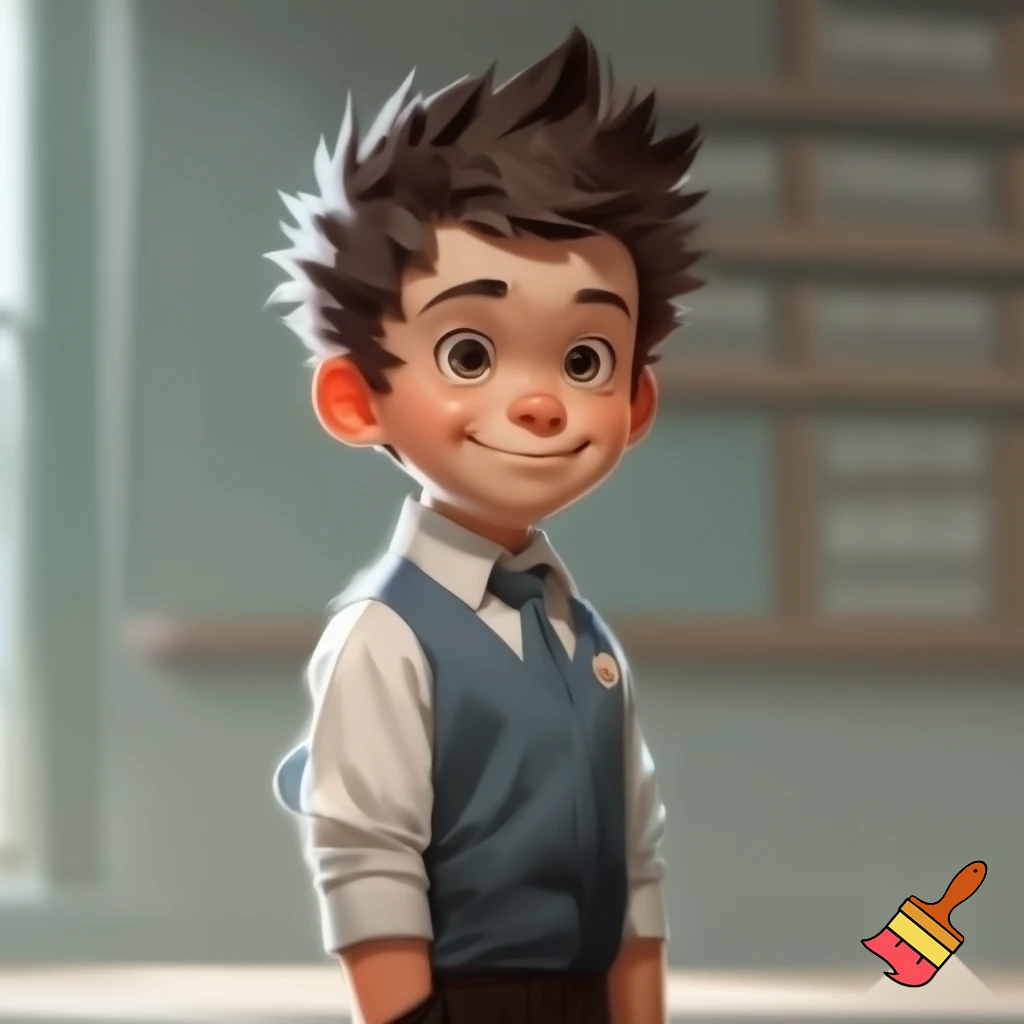 A young boy and had spiky hair, chubby and in uniform 