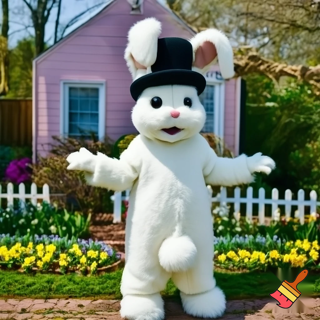 Easter bunny mascot top hat costume his house