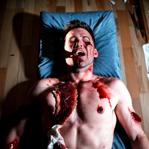 A gangster lifeless man body on floor, shirt pull into shirtless, opened wounded making exposed ribs and gore on center chest, blood bleeding mouth, both eyes closed.