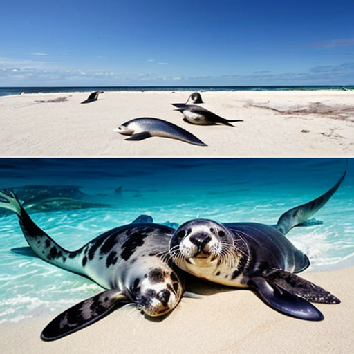 generate me an image of a beach full of happy Neil the seals with unlimited fish as food