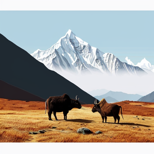 “A realistic painting of the Nepal Himalayas, featuring a yak and chyangba in traditional style, vivid colors, sunlight highlighting the mountains, ultra-detailed, 100% hand-painted look, professional digital painting style