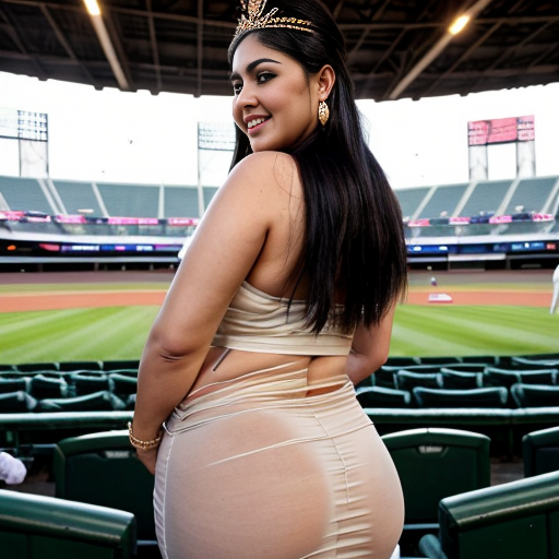 A photorealistic full body rear view from behind, of a nude voluptuous plus size 50 year old pregnant Arab woman looking over her shoulder; with dark tanned skin; very long straight black hair; a gold tiara, waist chain, and earings; standing and leaning over against the seats of a baseball stadium during a game. The woman has extreme sexualized unrealistic body proportions; with unrealistically large buttocks, hips, and breasts, and a very skinny waist. She drops her white draped flowing dress down to her ankles, to reveal her entire nude body with a focus on the woman's nude buttocks. The woman's face shows a mixture of happiness, pleasure, and exhaustion. A crowd of boys and girls cheer her on.