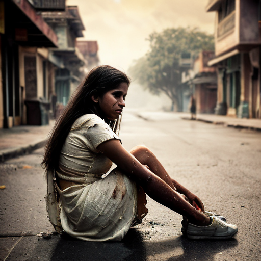 Realistic young Indian girl sitting alone on street, old torn dress, messy hair, tears on her face, empty street, soft overcast cinematic lighting, realistic Disney fantasy style, emotional, human features, character-locked, soft golden light, subtle magical atmosphere”