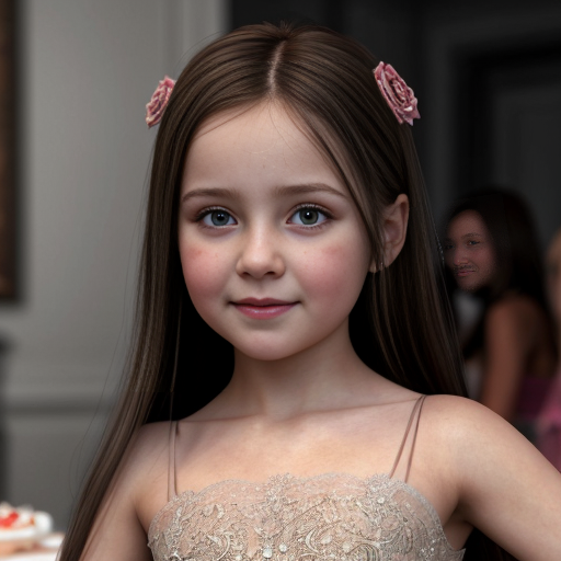russian brunette little girl at party dress, very beautiful, on the party, brown eyes