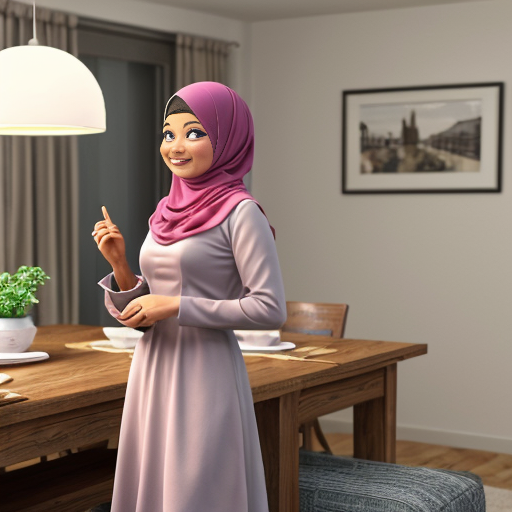 Pixar-style 3D cartoon, Muslim woman, 50 years old, fully covered, headscarf covering all hair, modest appearance, wide flowing pink dress, standing in a modern living/dining room, placing plates on the table, preparing food to eat, medium-class interior, neutral colors, simple furniture, cozy atmosphere, bright friendly lighting, simple cartoon style