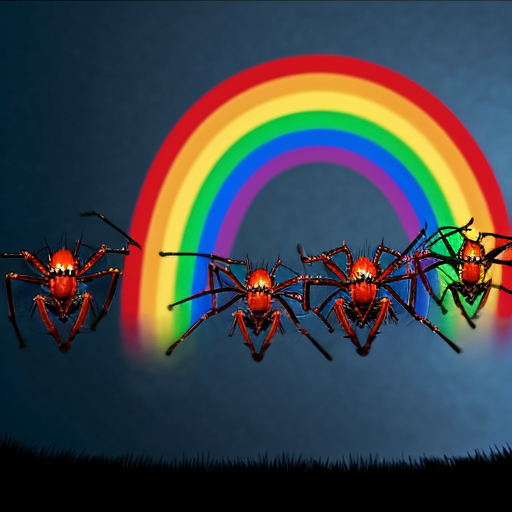 a group of humanoid spiders jumping over a rainbow
