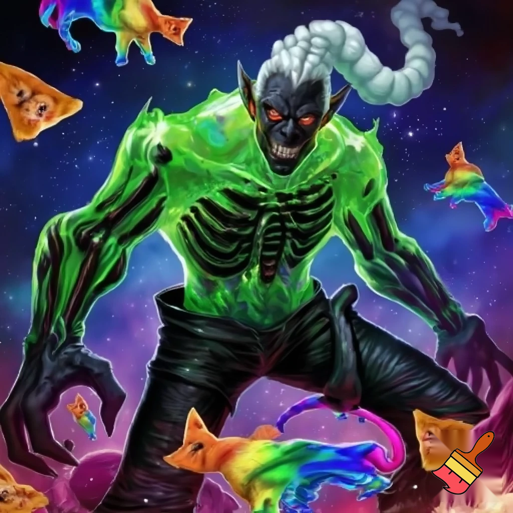 An evil creature with black skin and white curly hair braided into a ponytail, a green jelly-like torso with visible dark bones inside it, limbs dark, the same as his skin, He wears black leather pants, has red eyes, an angry expression, and pointy ears. he is surrounded by feets, Around him, cats on Doritos, a space landscape, and rainbow dogs fly.