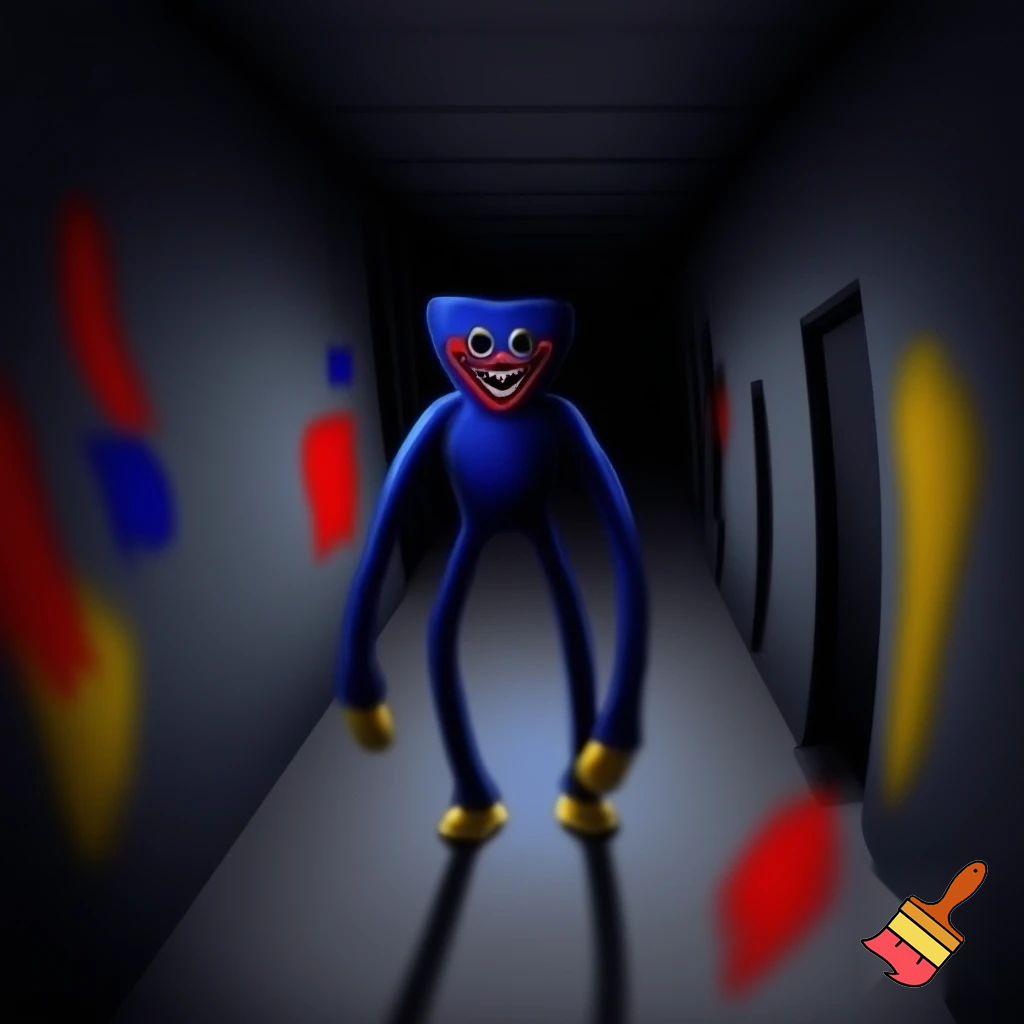 huggy wuggy in a dark gray hallway with some pictures painted in red, yellow, and blue. The feel is creepy and it feels off.
