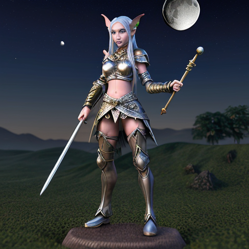 female warrior elf with silver and moon like persona