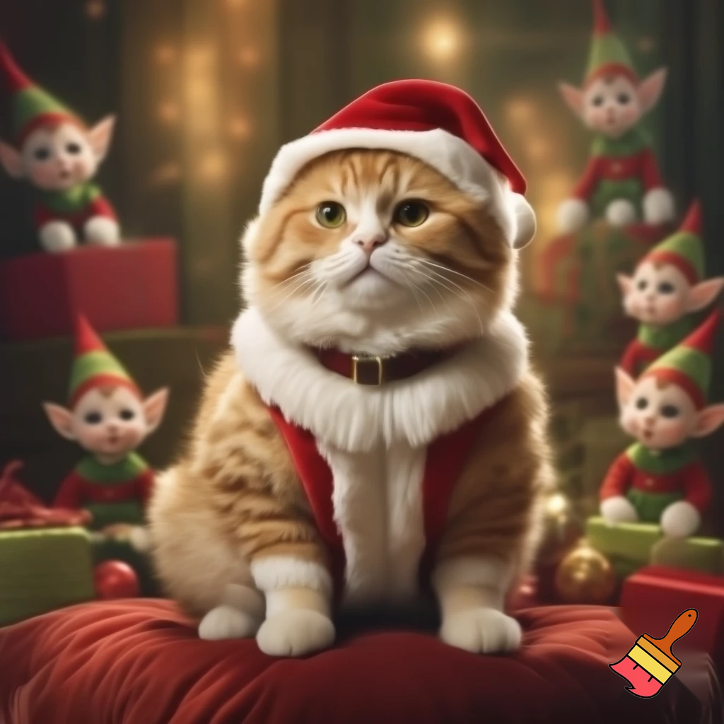 A cat in a Santa Claus costume, elf kittens in the background
